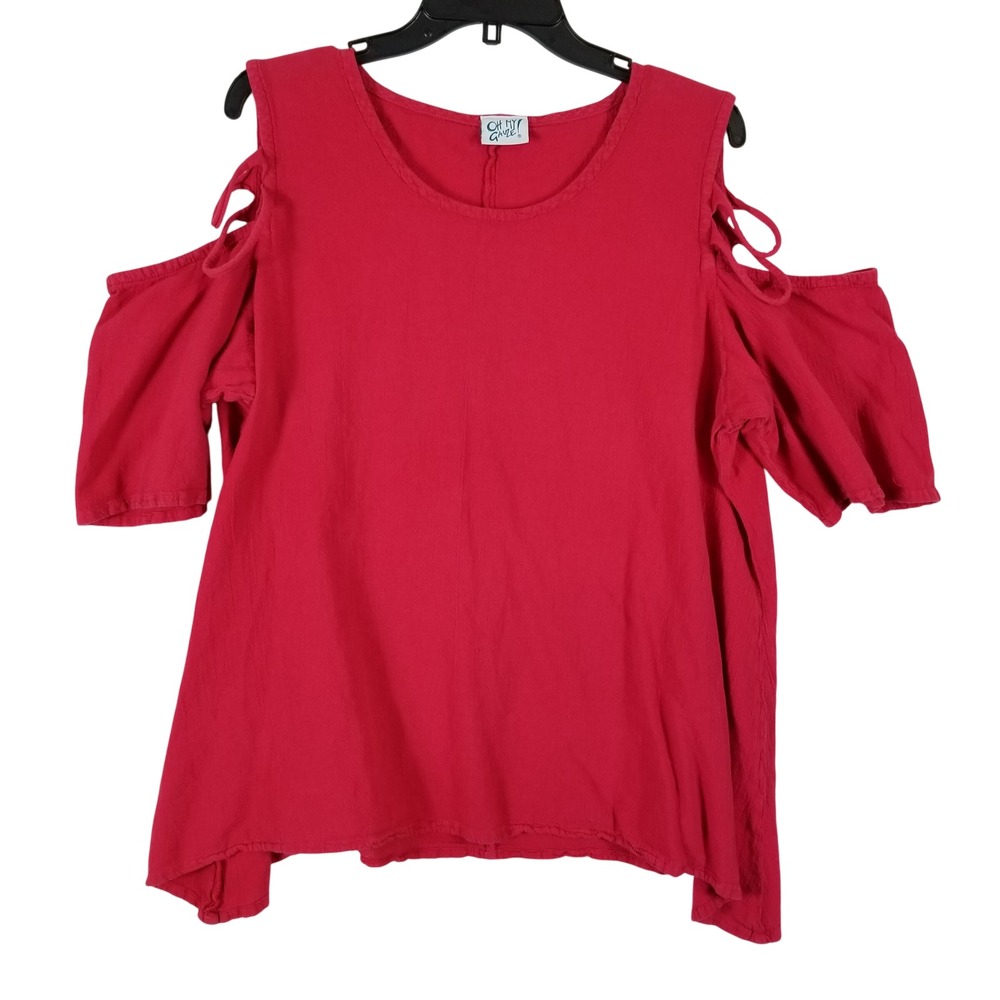 Oh My Gauze Red Cold Shoulder Top Cotton Gauze Lagenlook Blouse Size 3 XL